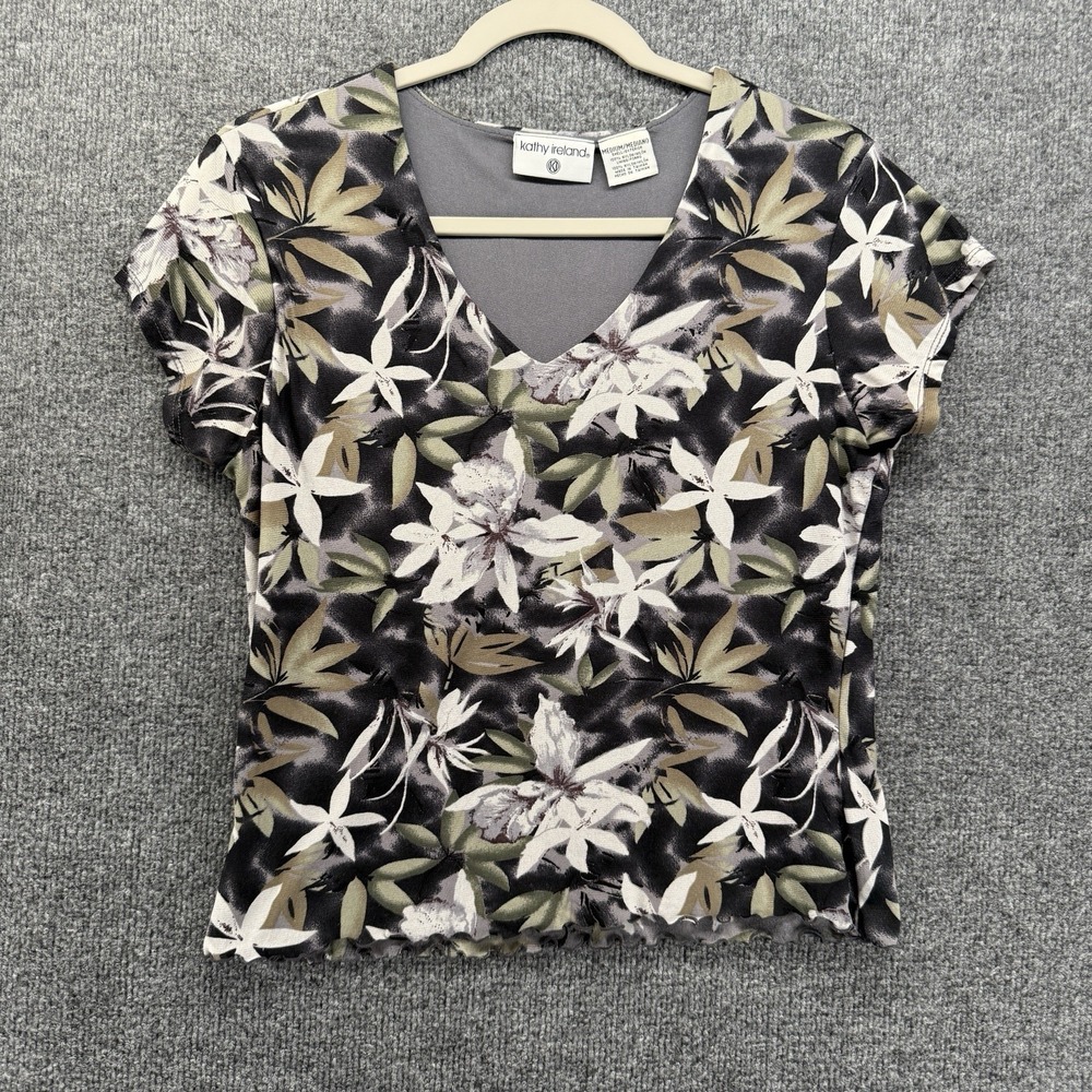 Kathy Ireland Top Womens M Black Floral V-Crew Neck Baby Tee Crop 90s Grunge Y2K